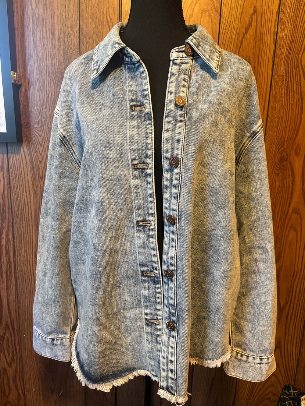 Sincerly Jules Light Wash Denim Shacket with Fringe Hem